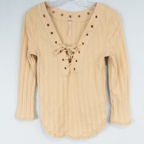Free People Ice Cold Ribbed Top Sun Fade Womens Small Lace Up V Neck Y2K Boho - Picture 1 of 13